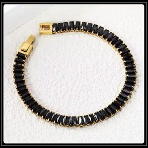 NEW GOLD SIMULATED ONYX ZIRCONIA BAGUETTE CHAIN TENNIS BRACELET